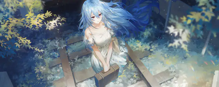 UltraWide 32:9 book wallpapers (3840x1080): anime girl, blue hair, dress, railroad
