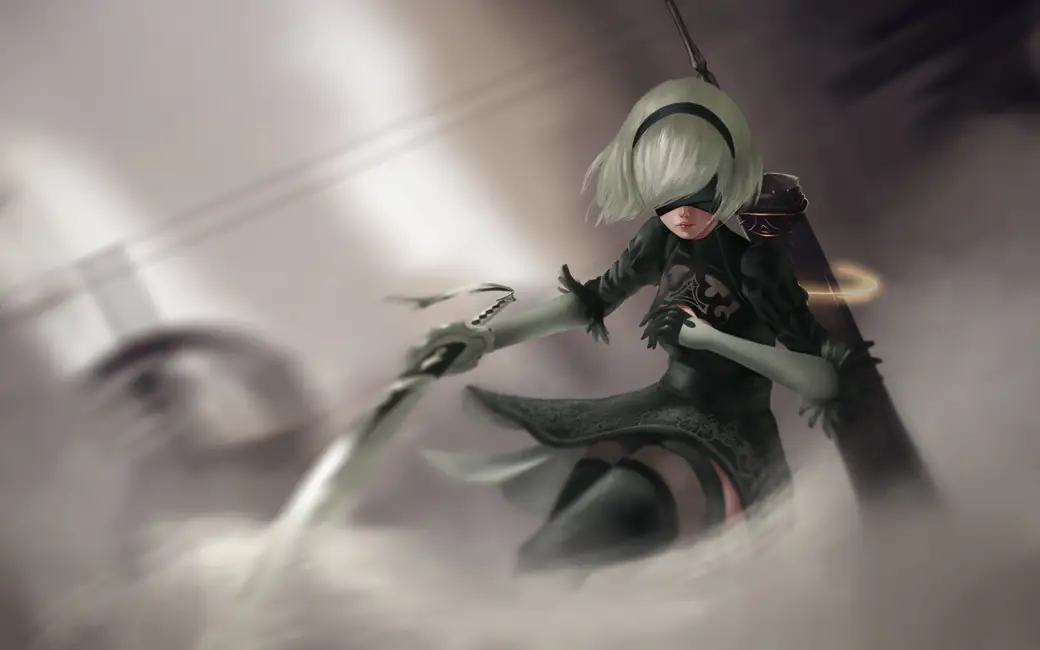 2B Battle Pose with Katana — desktop and phone wallpaper, free download