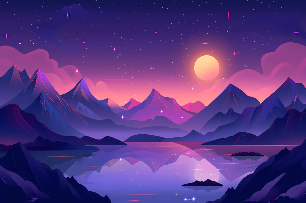 Purple Sunset Over Mountain Lake — desktop and phone wallpaper, free download