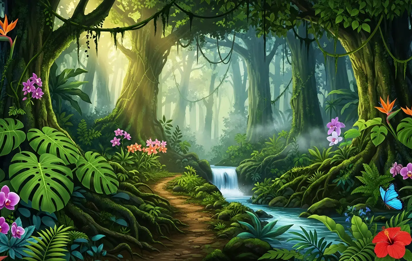 Tropical Jungle Waterfall Scene — desktop and phone wallpaper, free download