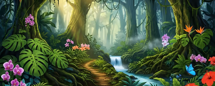 UltraWide 32:9 обои (5120x1440): тропики, джунгли, водопад, цветы