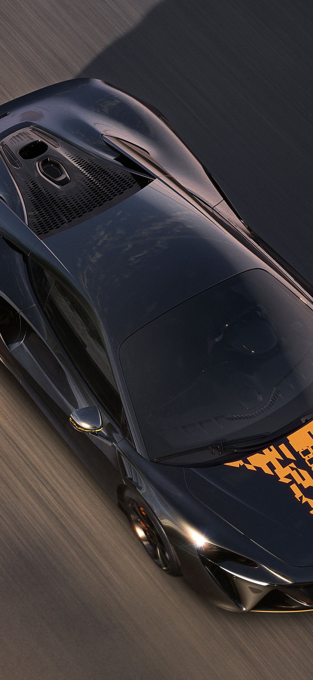 McLaren Artura 1000GP на большой скорости - Обои для iPhone 12 mini/13 mini, Samsung Galaxy S24/S24 FE/S25/S25 FE/S26/A55/A56/A35/A26/A16/M15, Xiaomi, Sony Xperia в разрешении 1080x2340
