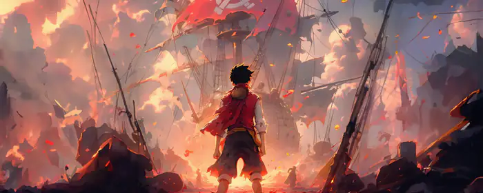 UltraWide 32:9 обои аниме (5120x1440): Monkey D. Luffy, манга, пират, корабль