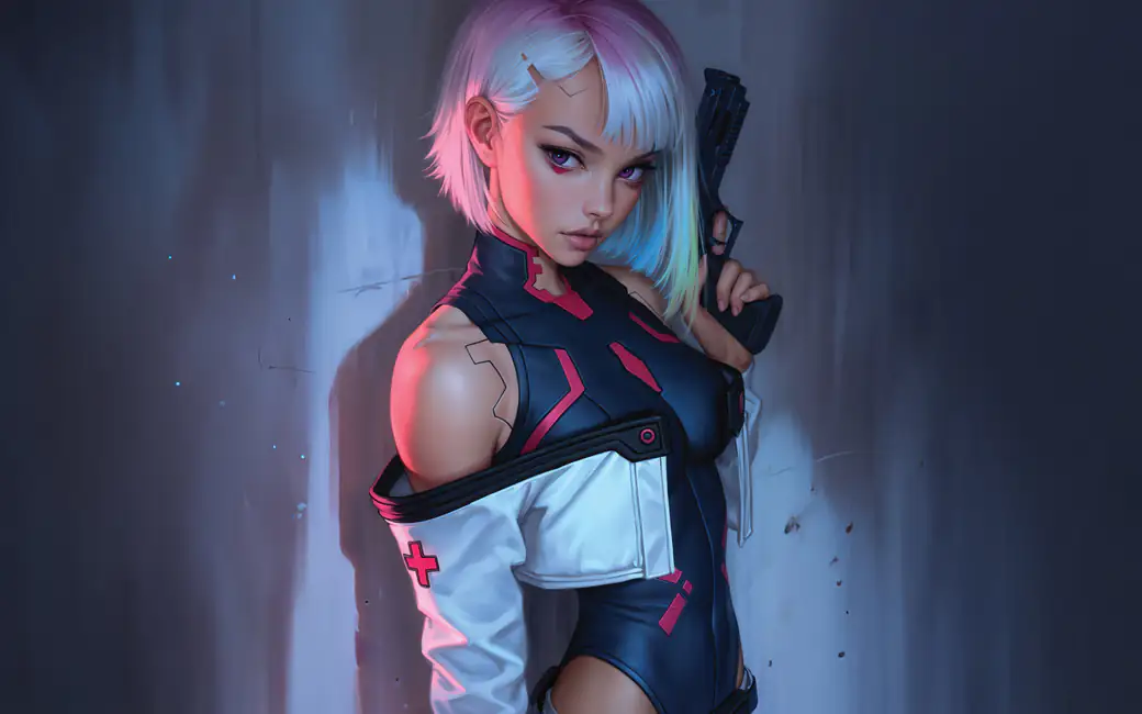 Android Woman in Bodysuit with Pistol — desktop and phone wallpaper, free download