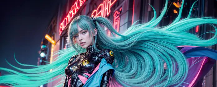 UltraWide 32:9 hairstyle wallpapers (5120x1440): anime Girl, cyberpunk, blue hair, blue eyes