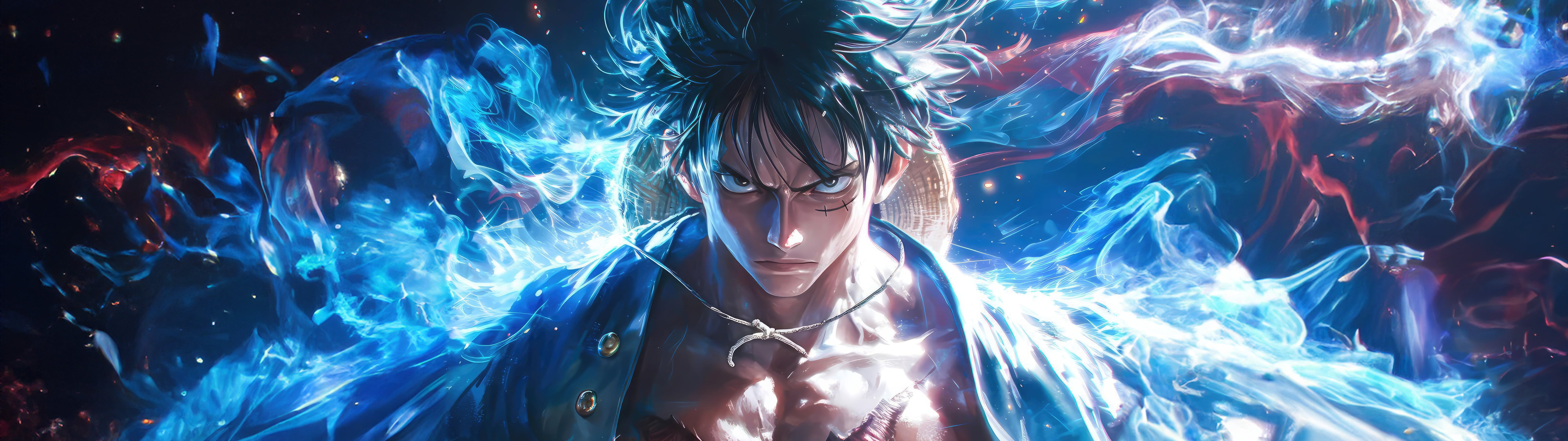 Monkey D. Luffy with blue aura - Dual Monitor Wallpapers in 7680x2160 resolution