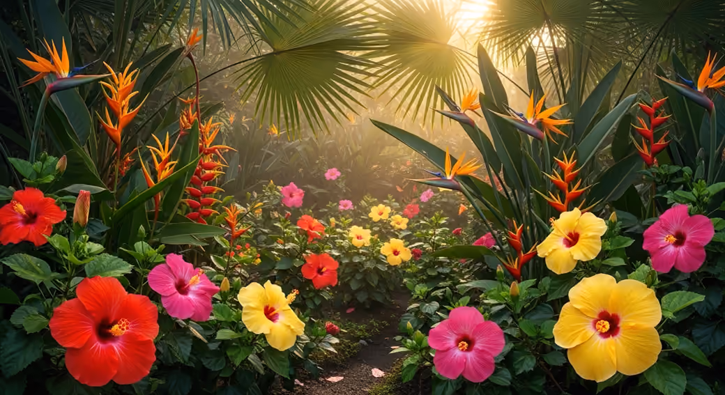 Dense tropical jungle with flowers — desktop and phone wallpaper, free download