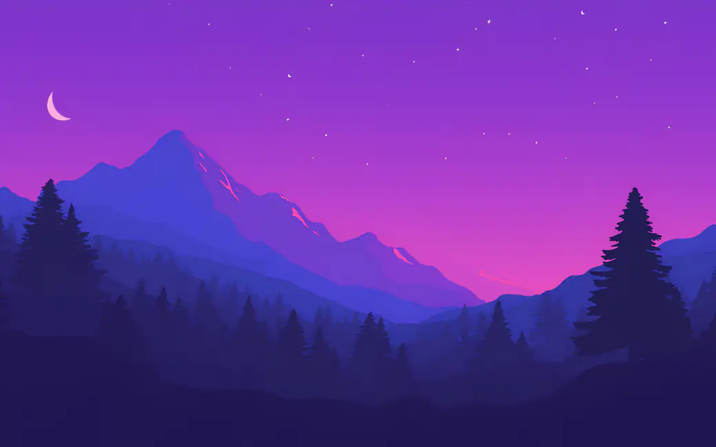 Purple sunset over mountains and valley — desktop and phone wallpaper, free download