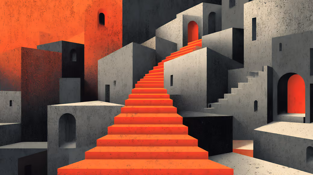 Red Staircase in Surreal Cityscape — desktop and phone wallpaper, free download