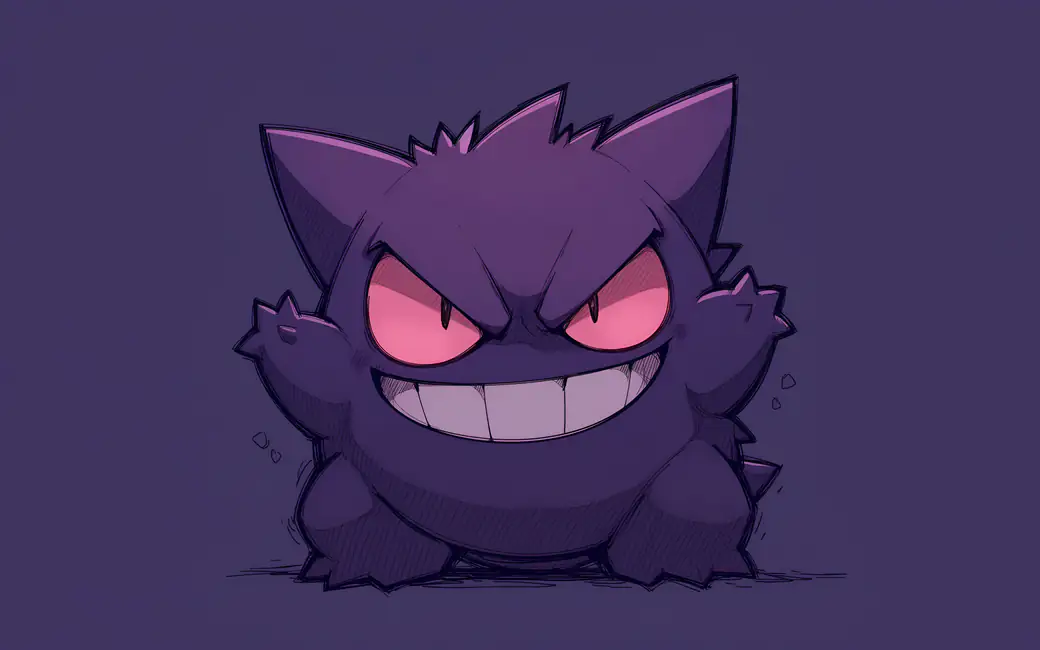Gengar с розовыми глазами и улыбкой — обои на рабочий стол и телефон