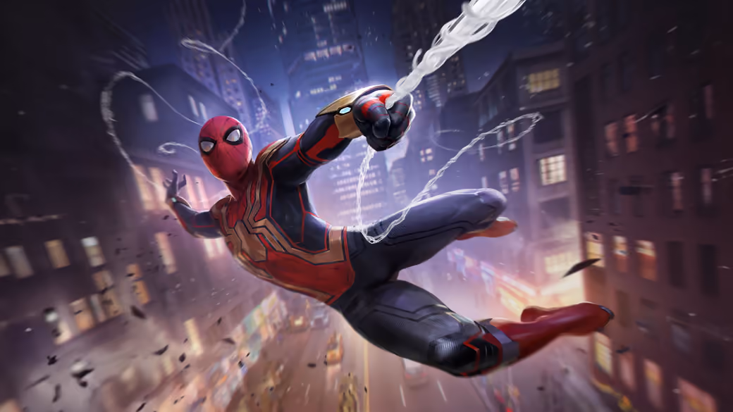 Spider-Man Swinging Through NYC Night — desktop and phone wallpaper, free download