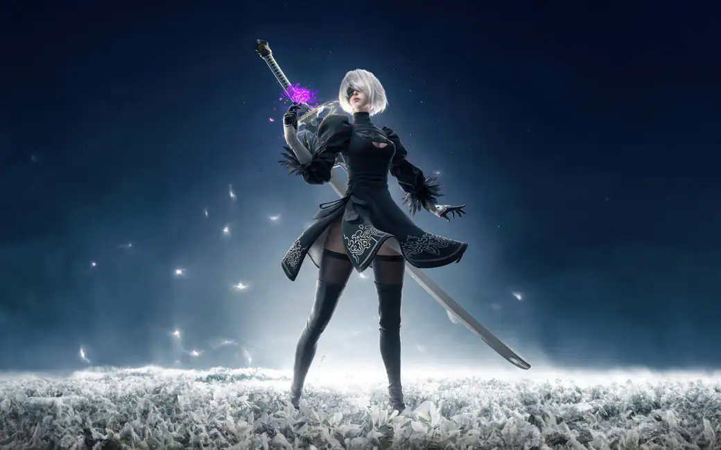 2B in a dress and stockings from Nier: Automata — desktop and phone wallpaper, free download