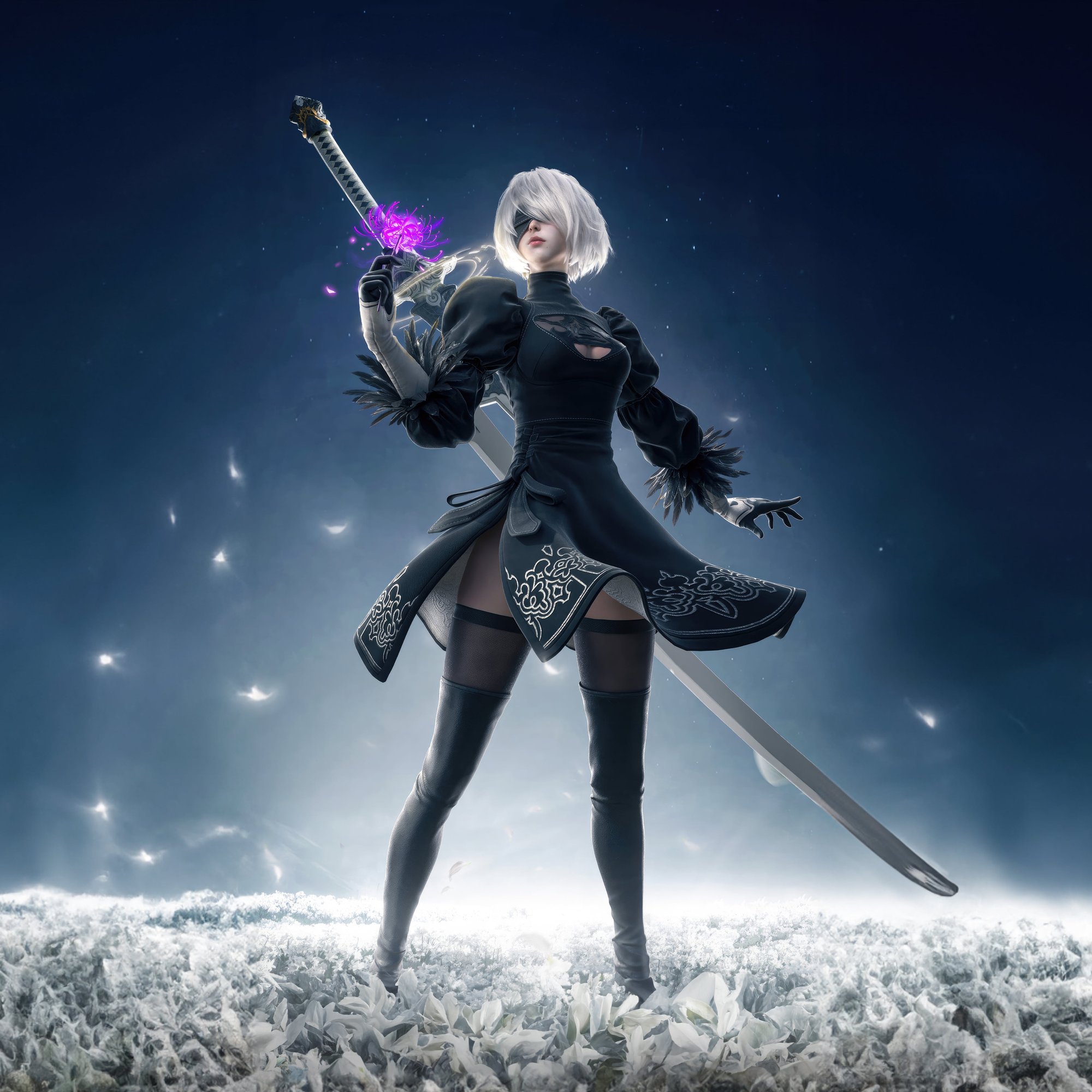 2B in a dress and stockings from Nier: Automata - Wallpapers for Samsung/Xiaomi in 2000x2000 resolution