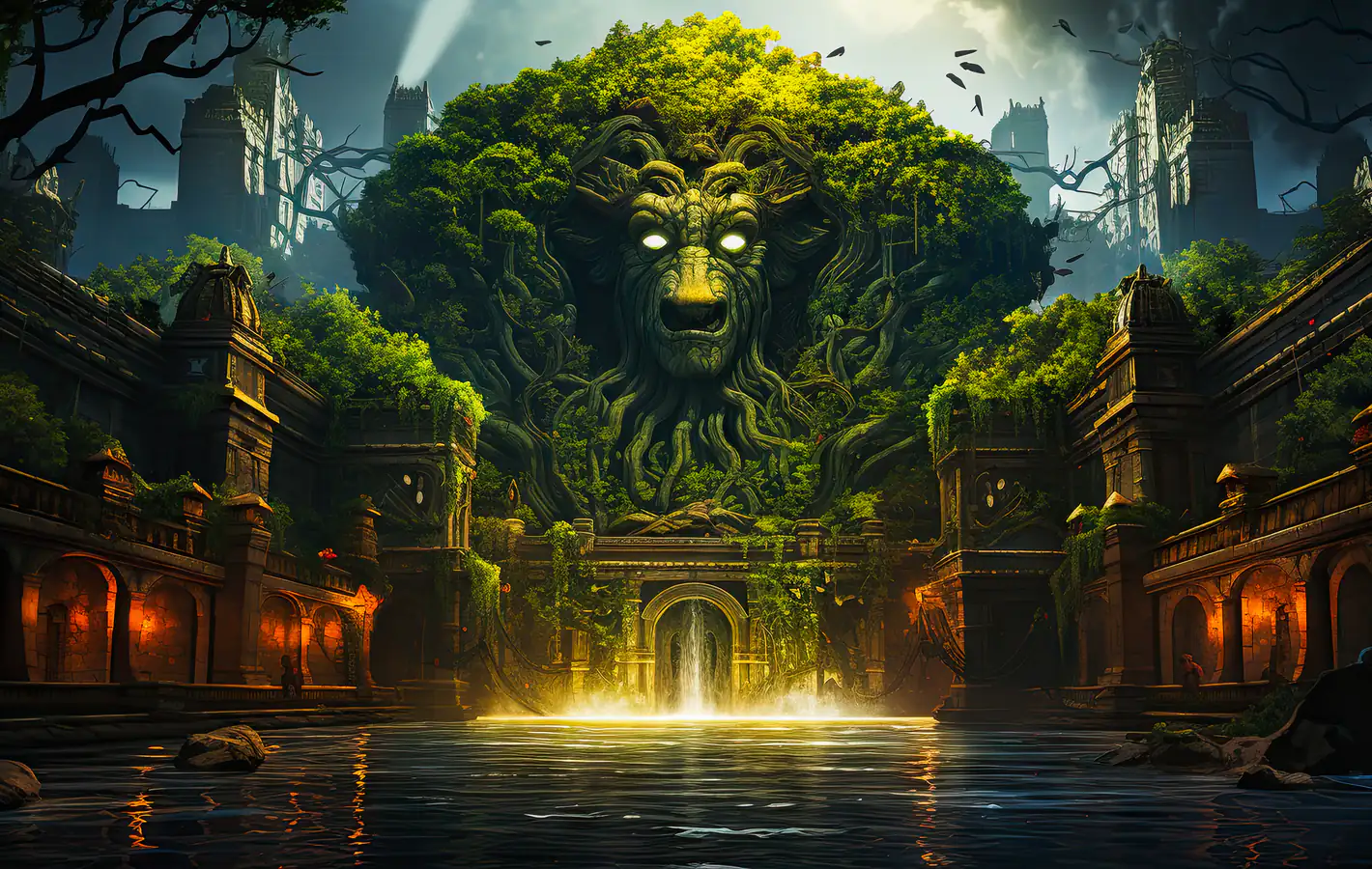 Ancient Temple Amidst Jungle Waters — desktop and phone wallpaper, free download