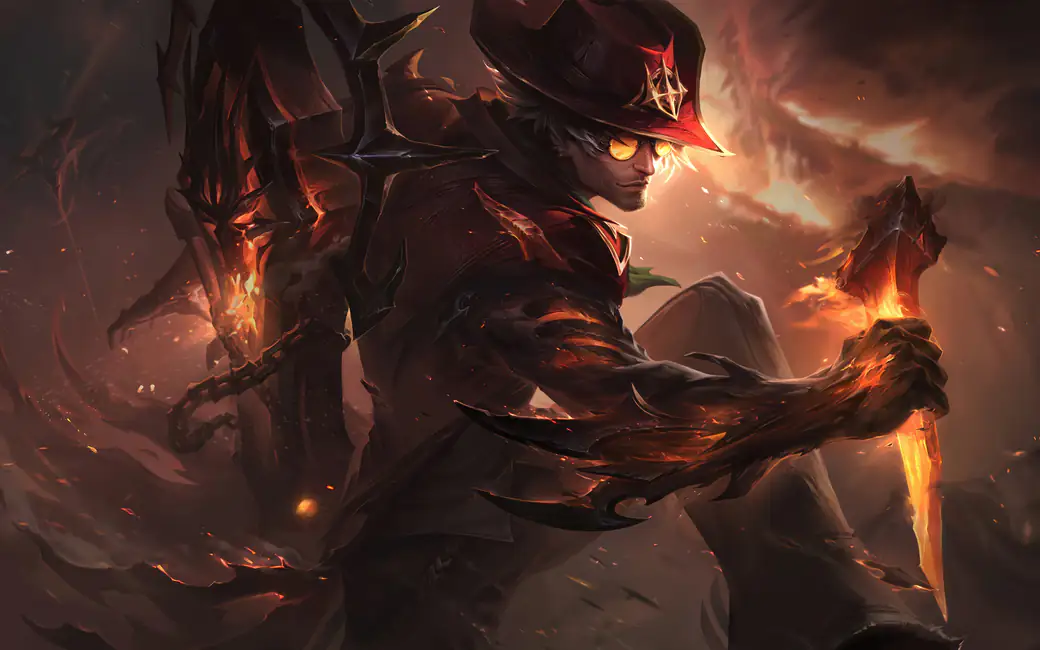Locke from LoL in a hat with a fiery blade — desktop and phone wallpaper, free download