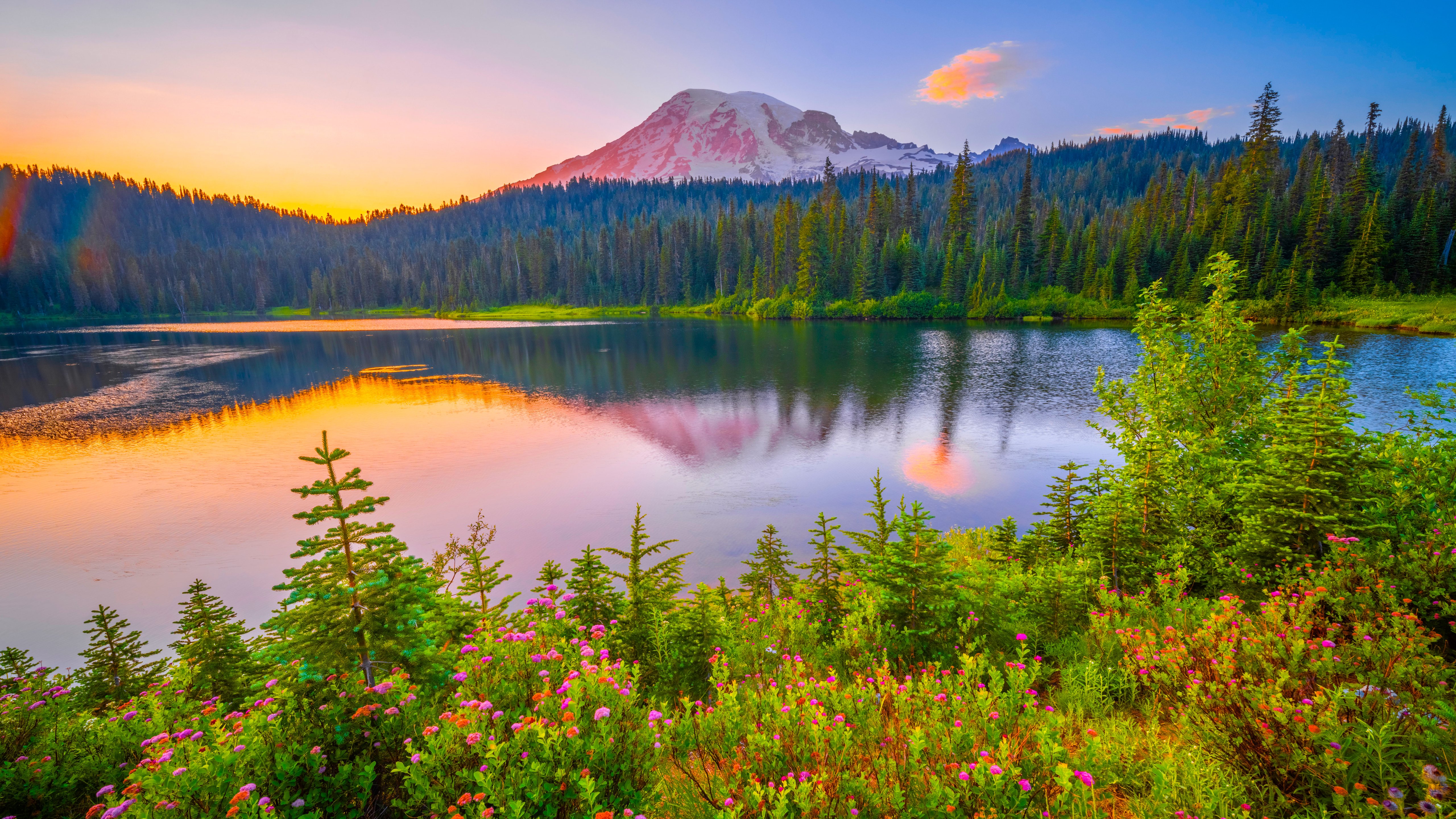 Mount Rainier Sunset over Lake and Forest - 5K wallpapers in 5120x2880 resolution