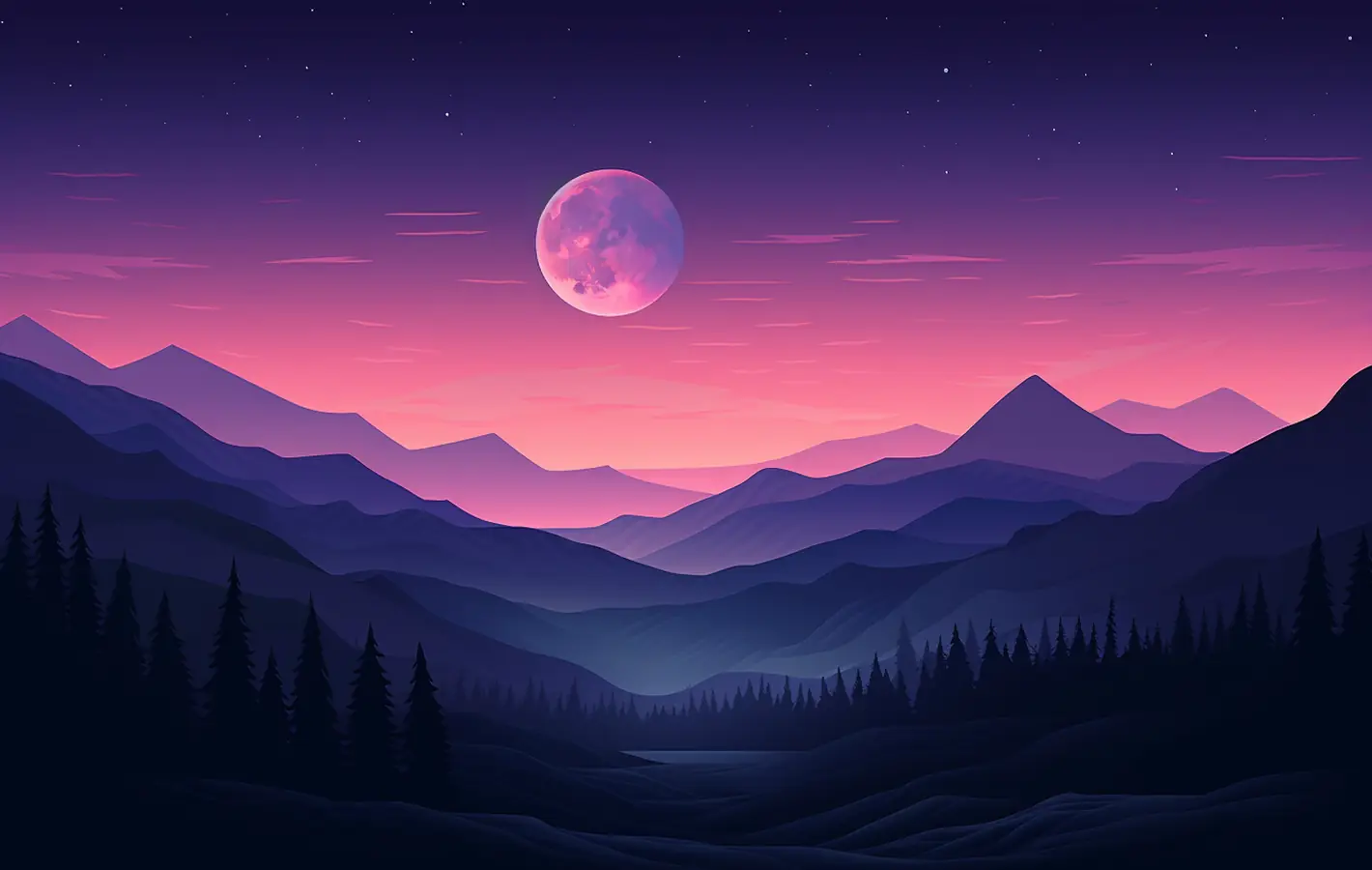 Pink sunset over mountains and forest — desktop and phone wallpaper, free download