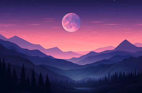 Illustrations wallpapers: mountains, Moon, valley, sunset