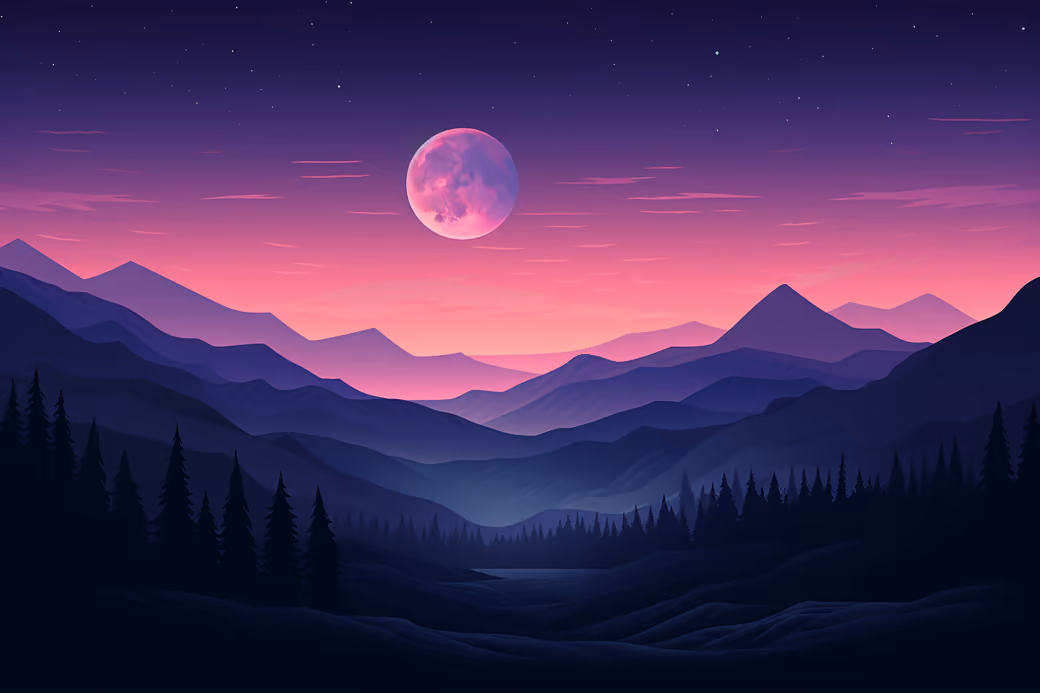 Pink sunset over mountains and forest - 5K wallpapers in 5120x2880 resolution
