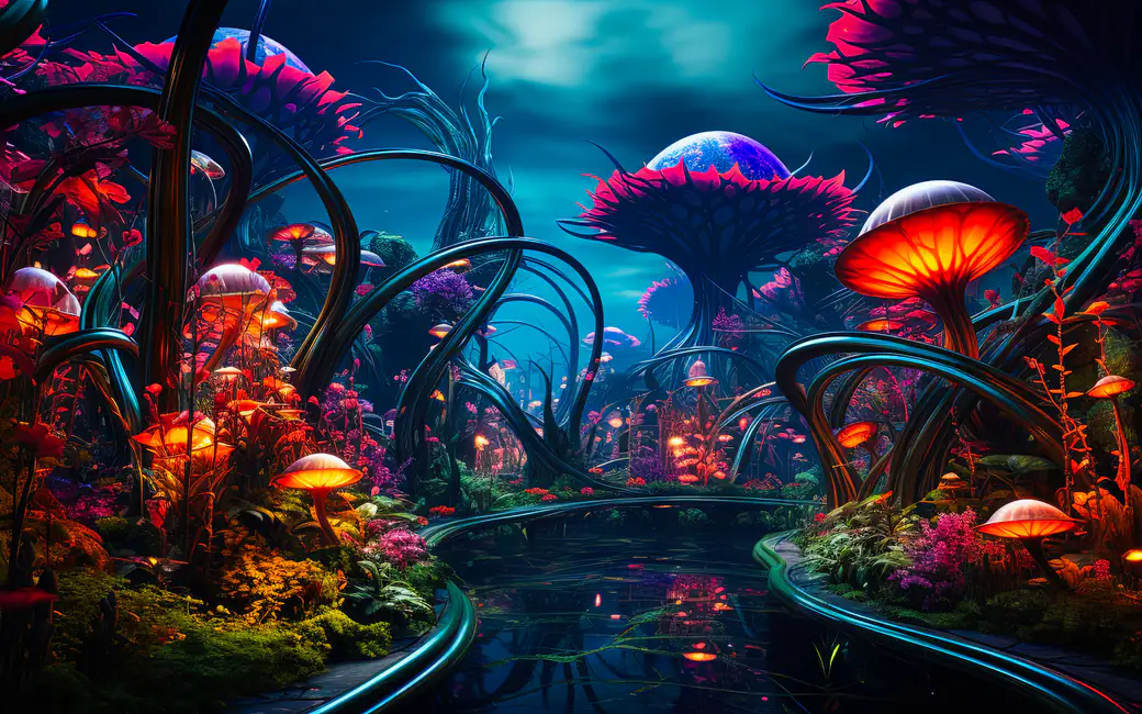 Surreal extraterrestrial landscape — desktop and phone wallpaper, free download
