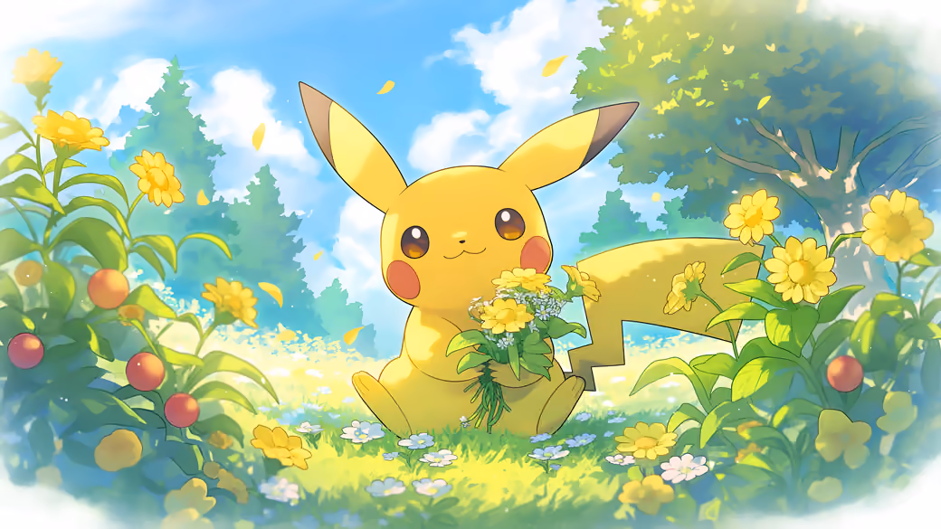 Pikachu in Summer Flower Field — desktop and phone wallpaper, free download