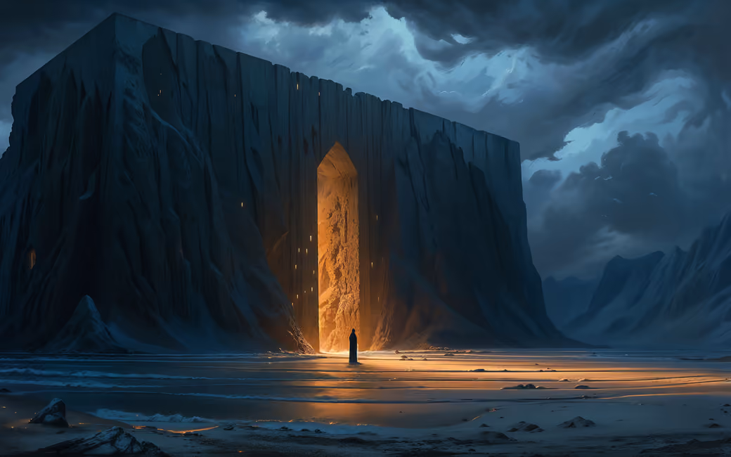 Huge monolith with a cave — desktop and phone wallpaper, free download