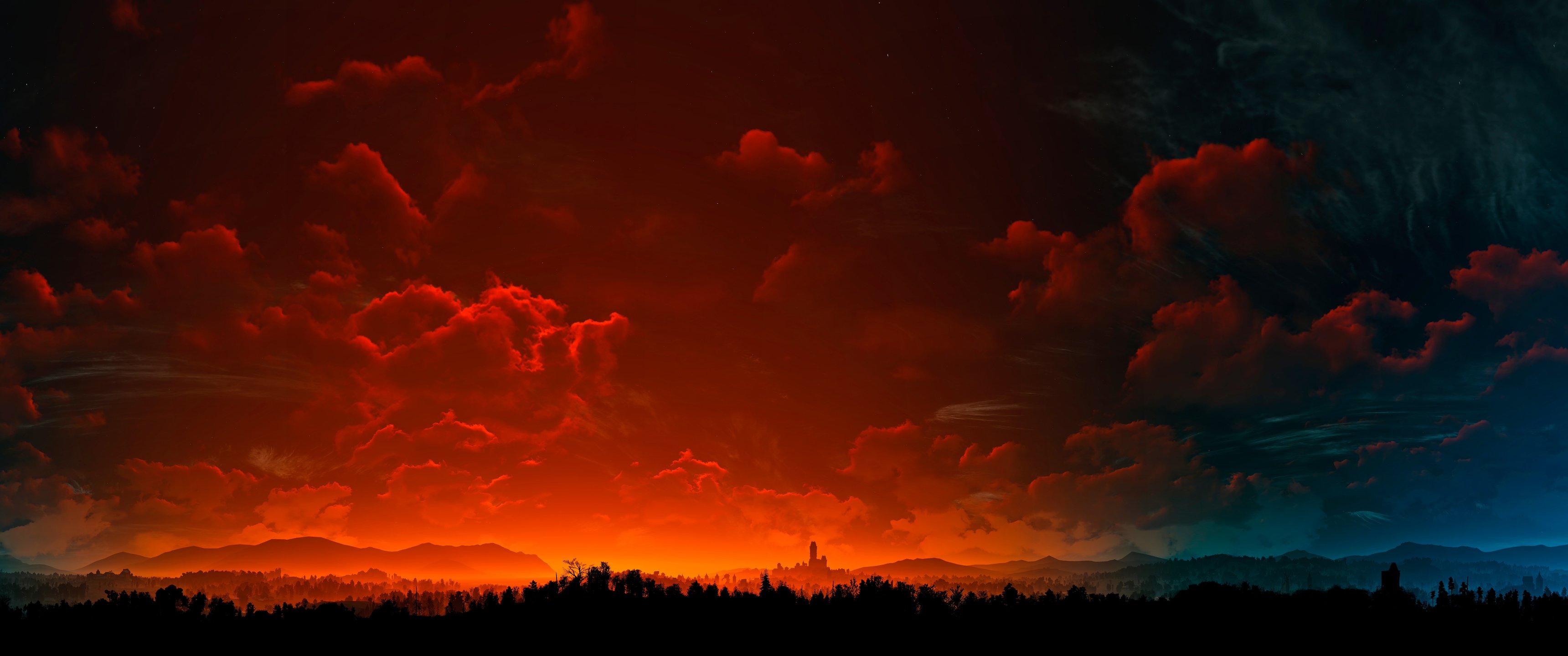 Evening in the Witcher 3 game - UltraWide 21:9 wallpapers in 3440x1440 resolution