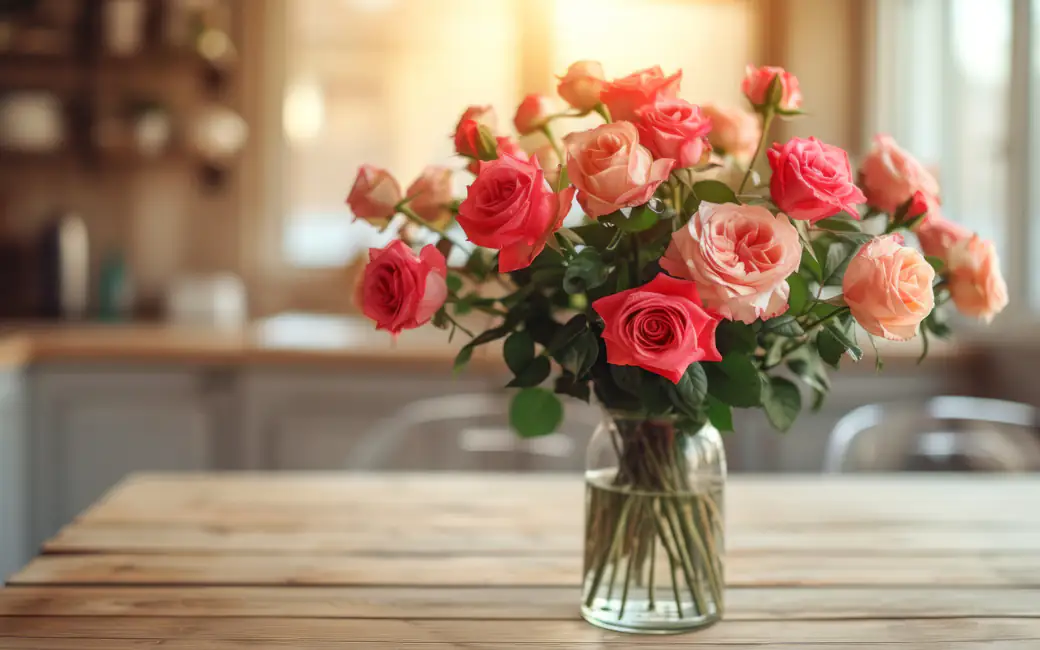 Pink Roses Bouquet in Glass Vase — desktop and phone wallpaper, free download