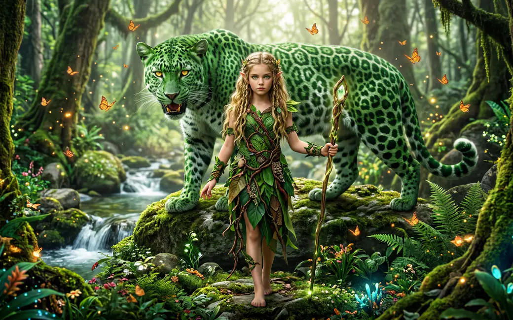 Elf Girl with Green Leopard in Jungle — desktop and phone wallpaper, free download
