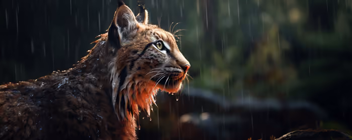 UltraWide 32:9 Whiskers wallpapers (5120x1440): lynx, forest, rain, wild animals