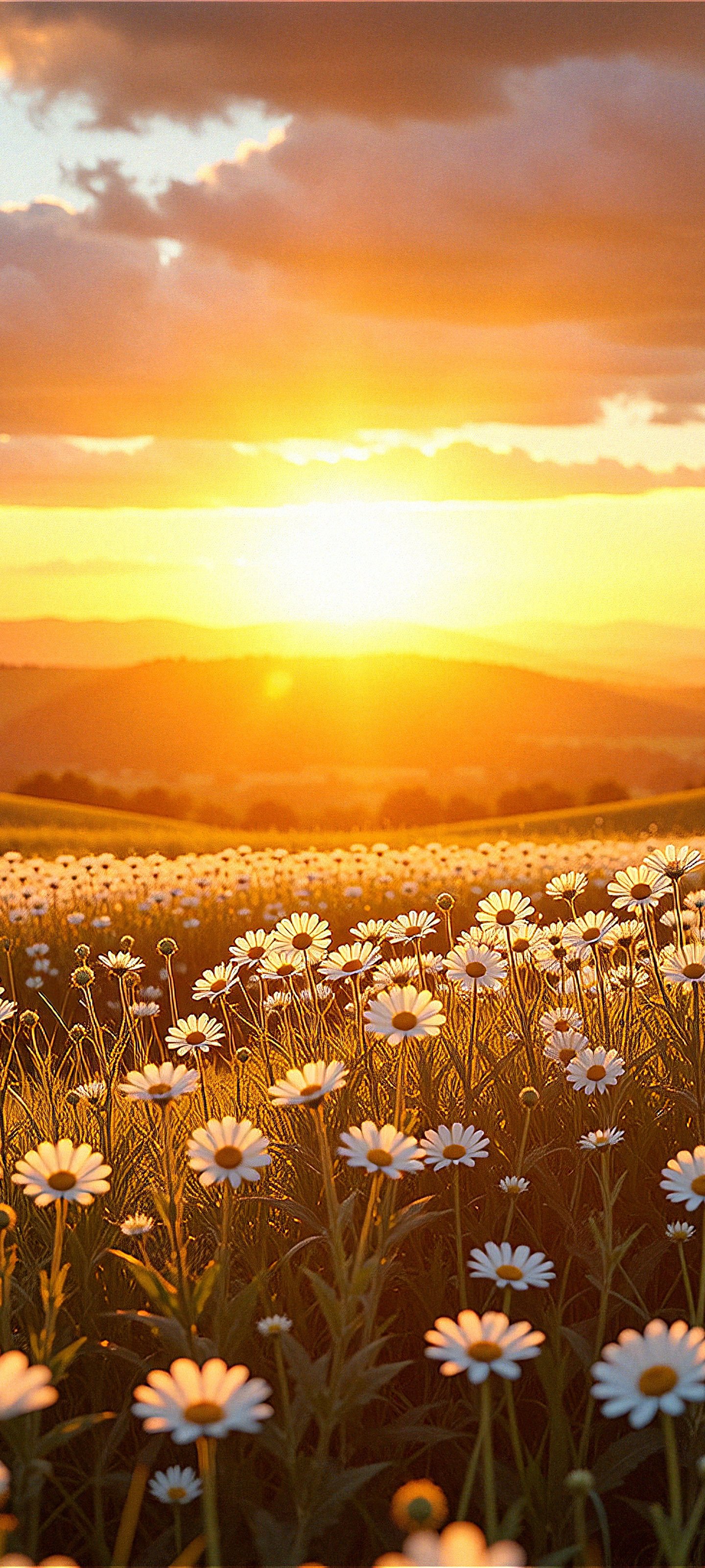 Sunset Over Chamomile Field - Wallpapers for Xiaomi 13 Ultra/14 Ultra/15 Ultra/17 Pro Max, Samsung Galaxy S20/S20 Ultra/S21 Ultra in 1440x3200 resolution