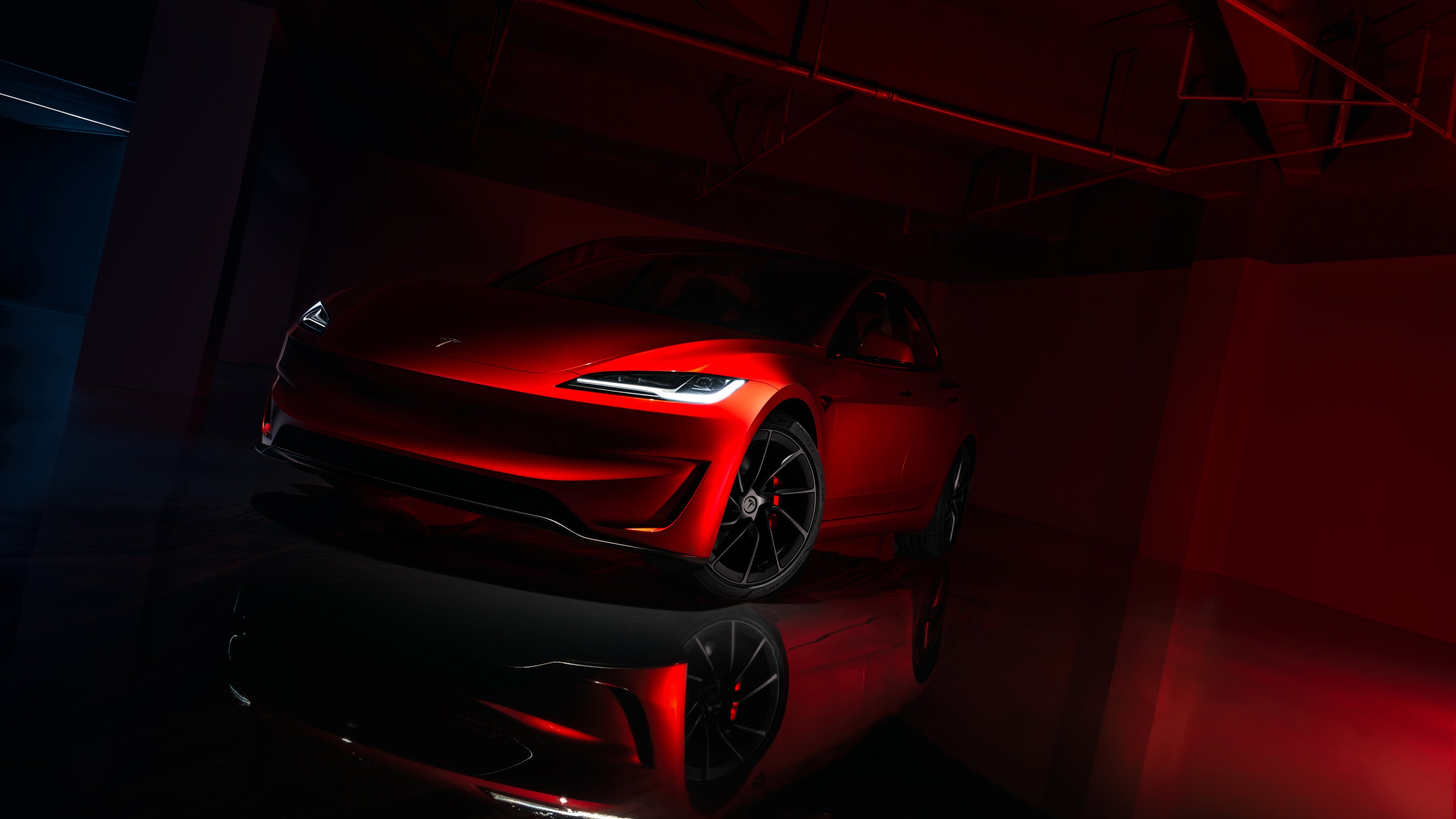 Tesla Model 3 Performance in Dark Studio - Wallpapers for Apple iMac 21.5″ in 4096x2304 resolution