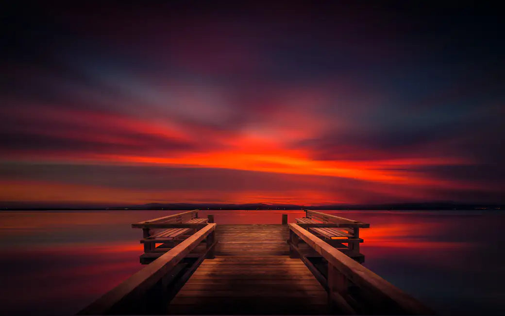 Red Sunset at River Dock — desktop and phone wallpaper, free download