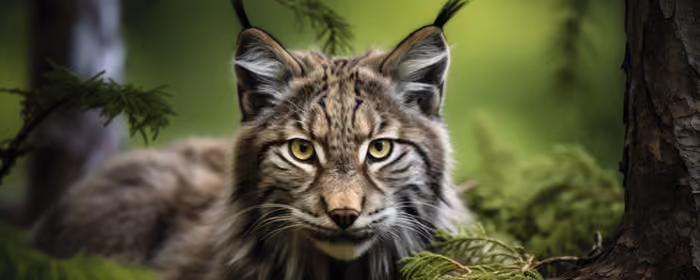 UltraWide 32:9 Whiskers wallpapers (5120x1440): lynx, forest, branch, trees