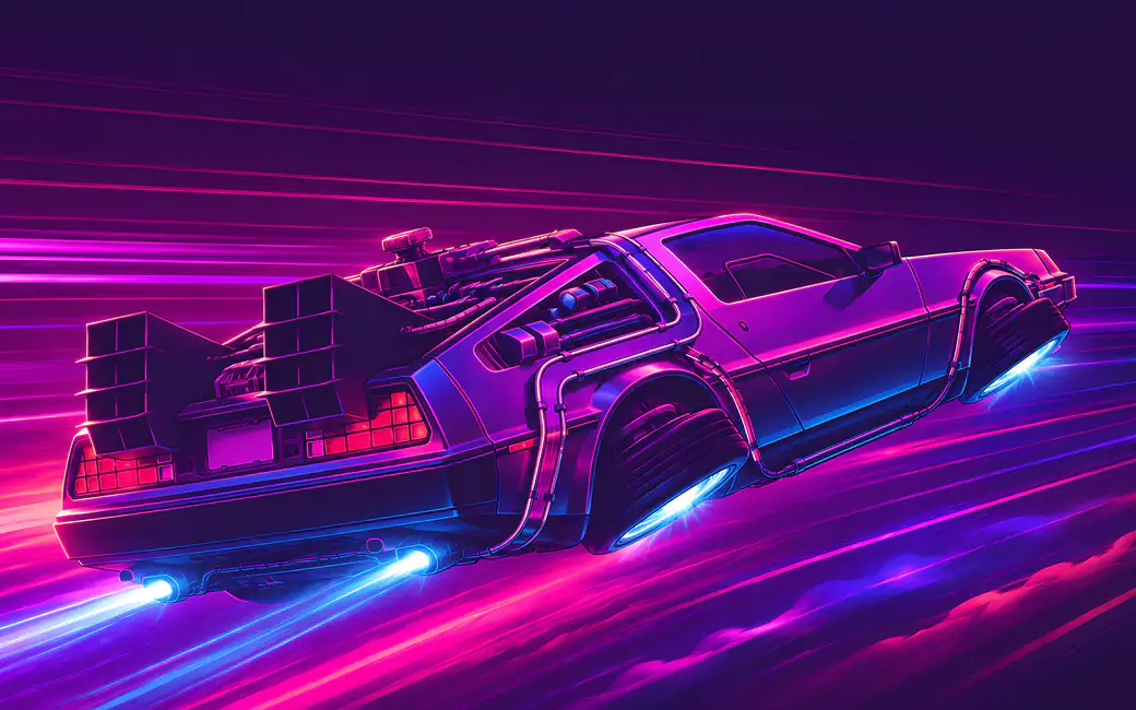 DeLorean DMC-12 Flying Through Neon Light — desktop and phone wallpaper, free download