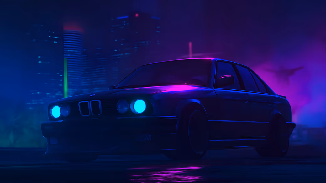 BMW 3 седан в неоновую ночь — обои на рабочий стол и телефон