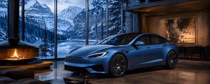 5K2K UltraWide 21:9 Villa wallpapers (5120x2160): Tesla Model S, Tesla Plaid, villa, fireplace