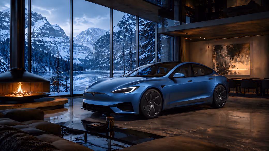 Tesla Model S Plaid at Winter Villa — desktop and phone wallpaper, free download