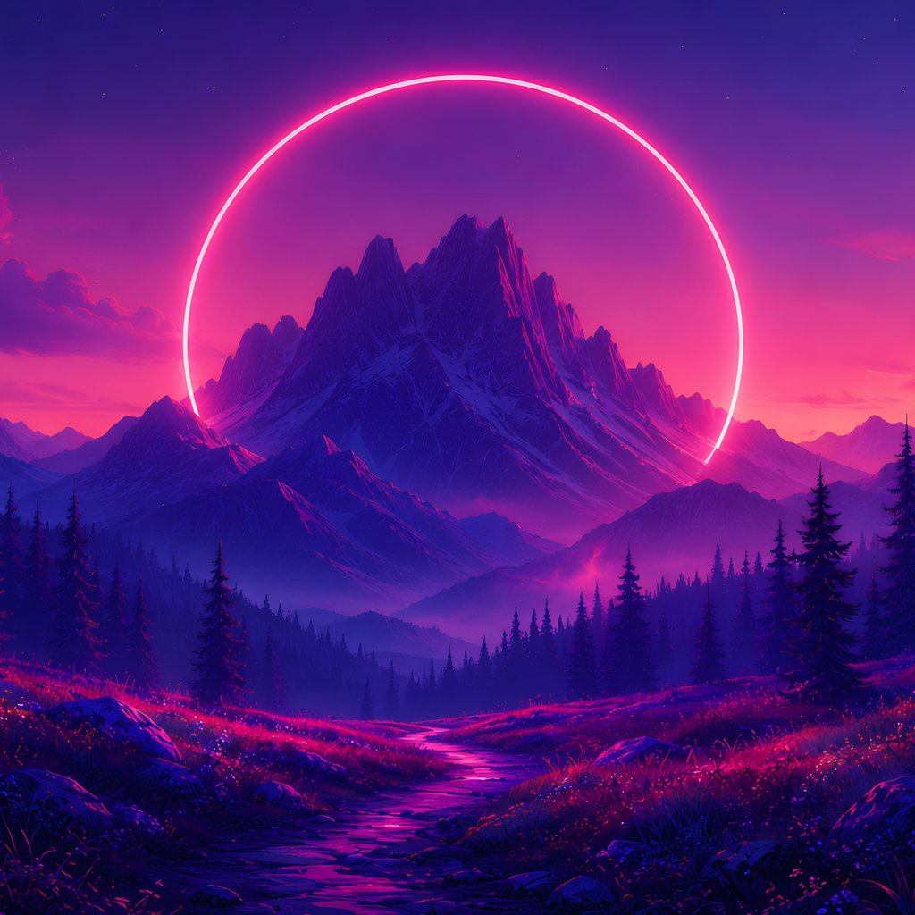 Neon Ring Over Mountain Forest Path - Wallpapers for Apple iPad 1 in 1024x1024 resolution