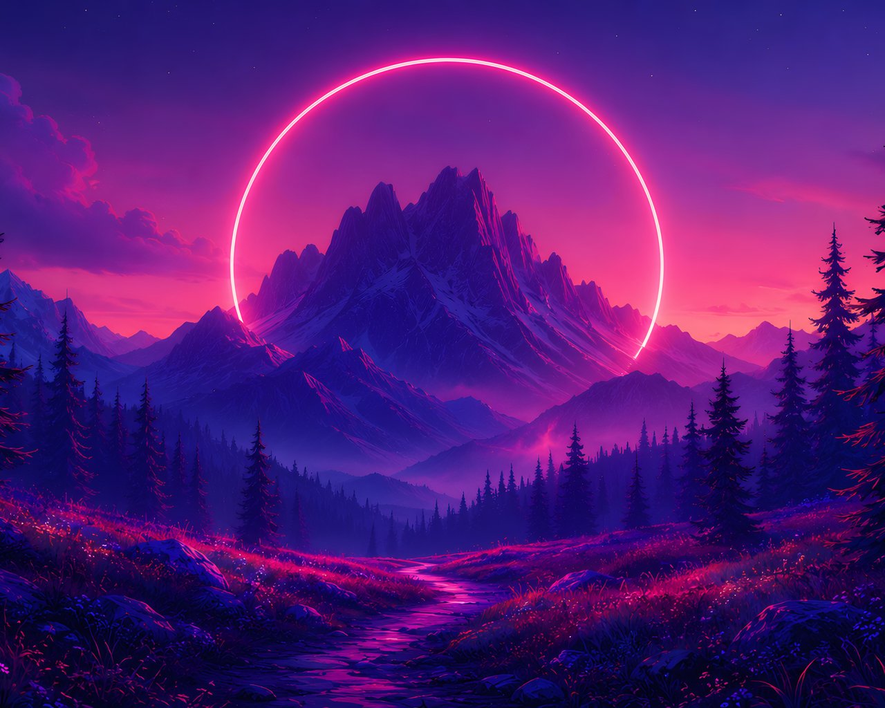 Neon Ring Over Mountain Forest Path - SXGA wallpapers in 1280x1024 resolution