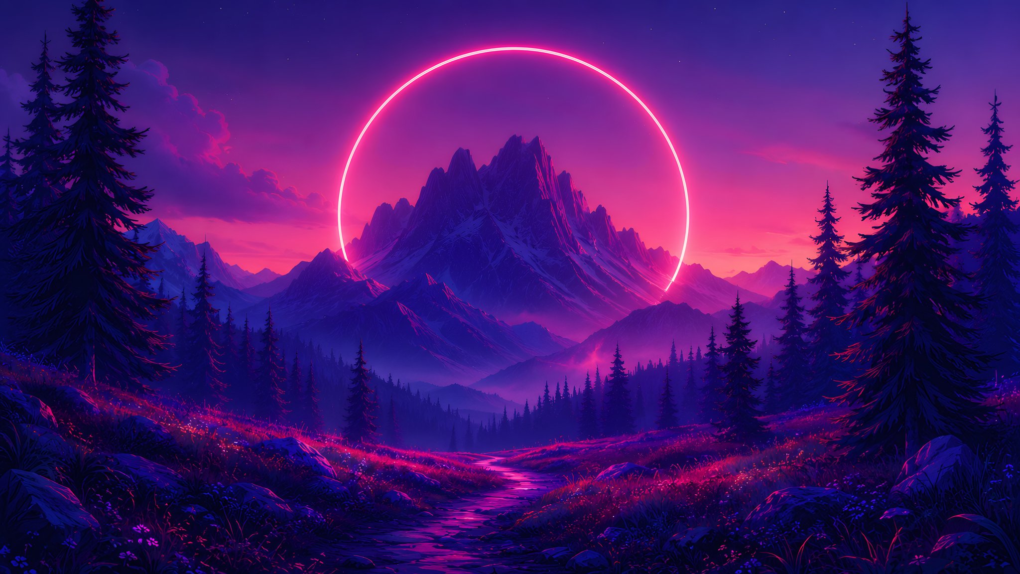 Neon Ring Over Mountain Forest Path - QWXGA wallpapers in 2048x1152 resolution