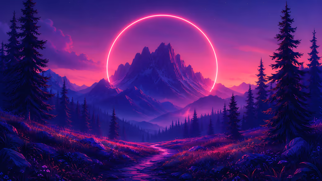 Neon Ring Over Mountain Forest Path - Wallpapers for LG/ASUS in 480x854 resolution