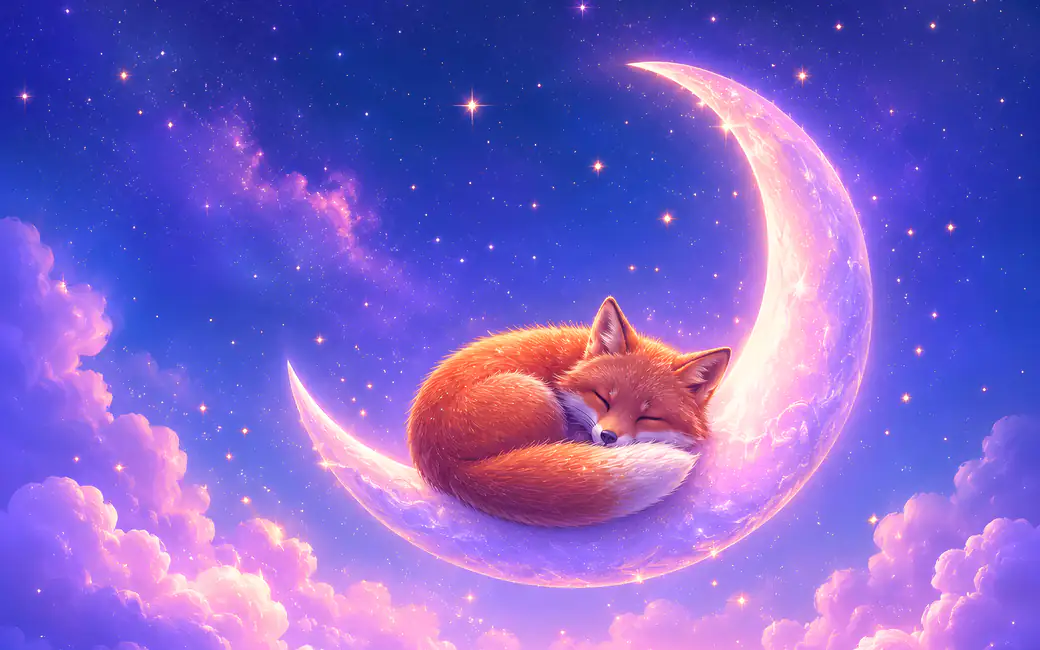 Cute fox sleeps on a crescent moon — desktop and phone wallpaper, free download
