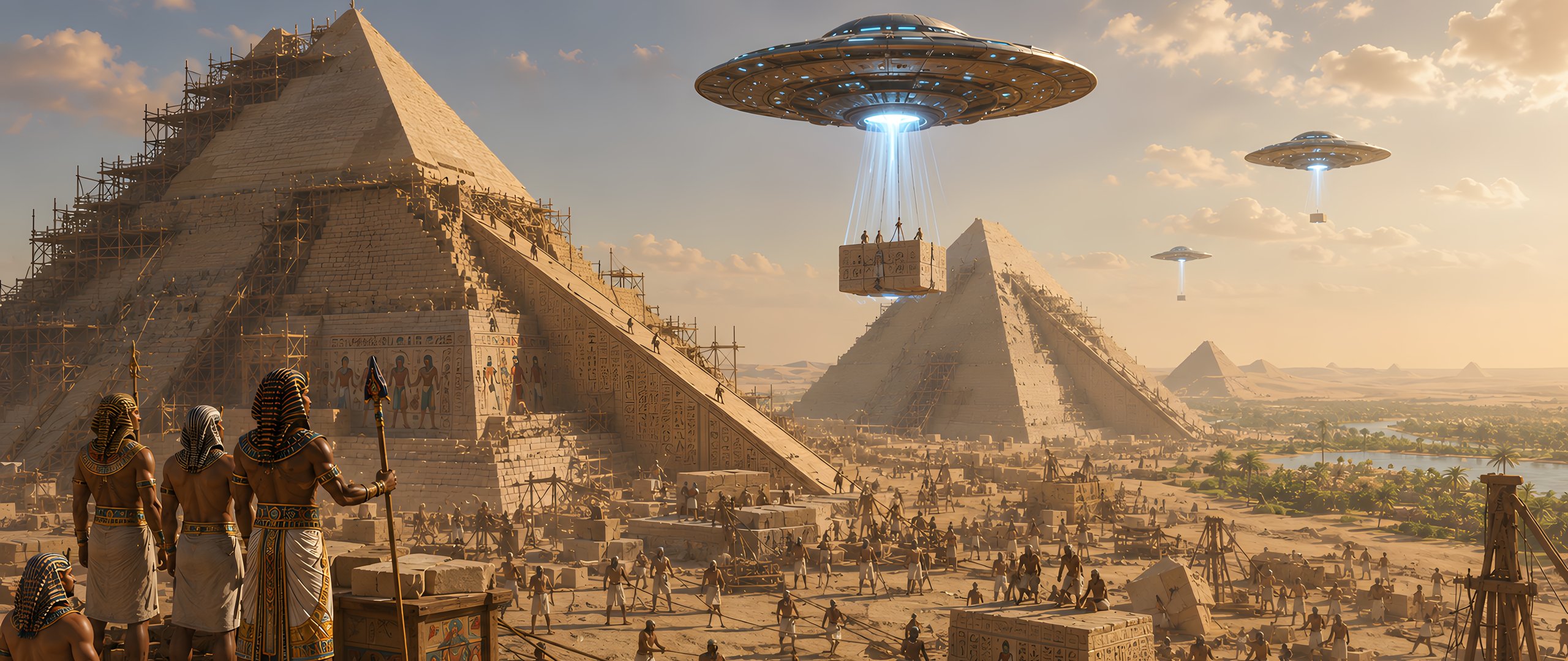 UFOs and pyramid construction in Ancient Egypt - UltraWide 21:9 wallpapers in 2560x1080 resolution