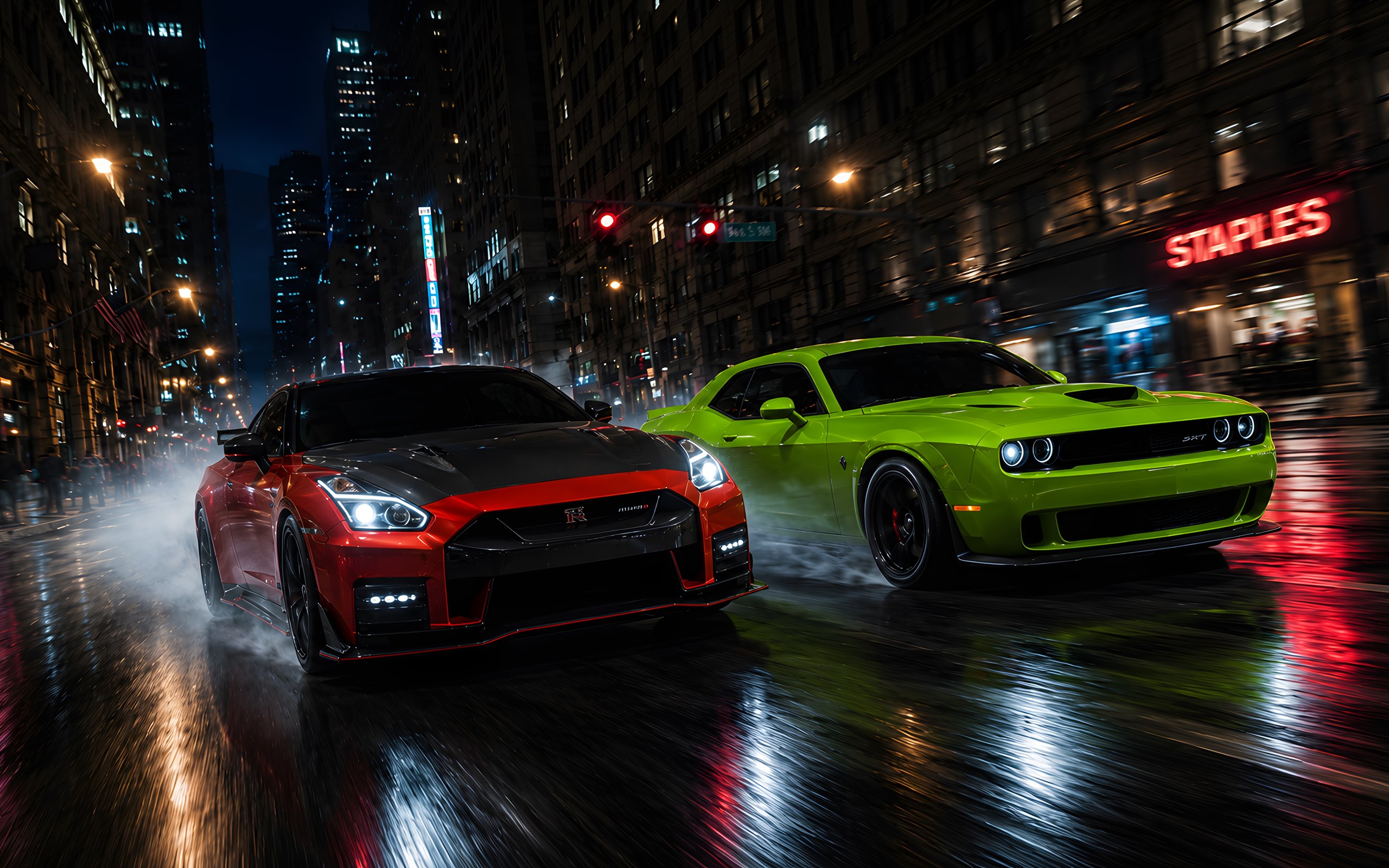 Night street racing with Nissan and Dodge - WQXGA and for Apple MacBook Air 13 wallpapers in 2560x1600 resolution