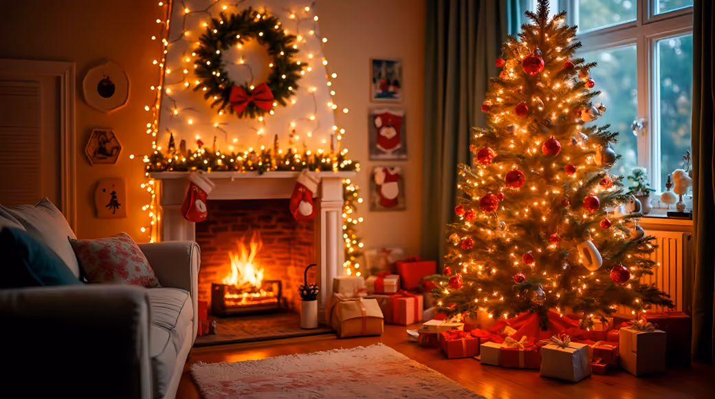Cozy Christmas living room with tree — desktop and phone wallpaper, free download