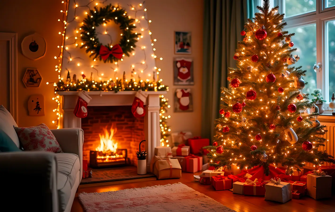 Cozy Christmas living room with tree — desktop and phone wallpaper, free download