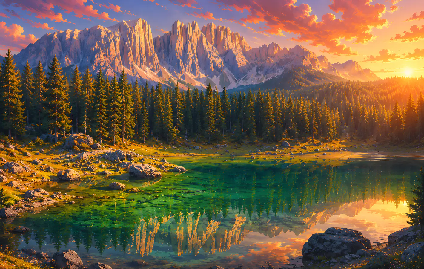 Green Lake Carezza Sunset in Dolomites — desktop and phone wallpaper, free download