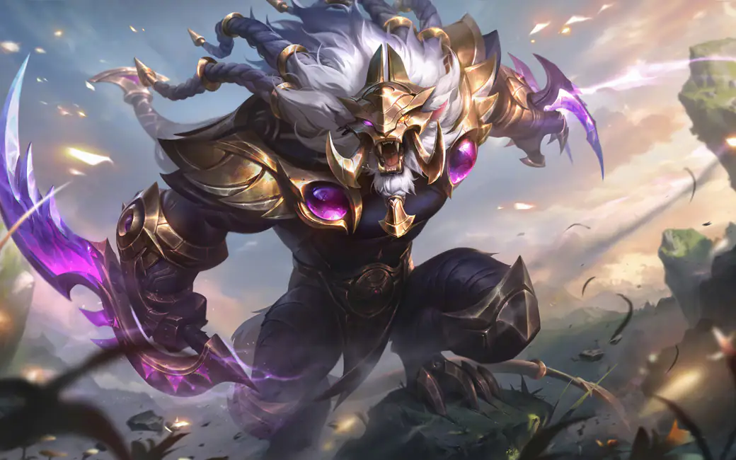 Rengar in golden armor with purple blades — desktop and phone wallpaper, free download