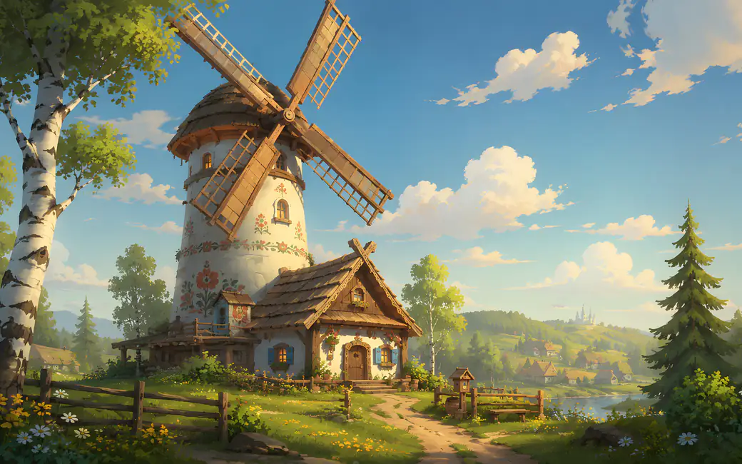 Slavic Village with Windmill — desktop and phone wallpaper, free download